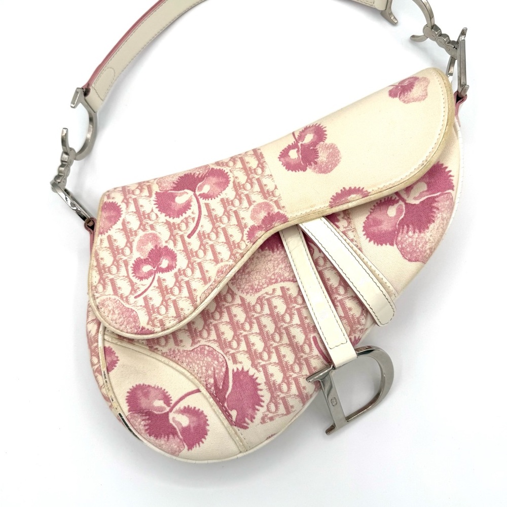 Dior Galliano Cream and Pink Girly Cherry Blossom Floral Saddle Bag